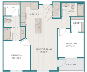 Floor plan for 2 beds, 2 baths, 921 sqft